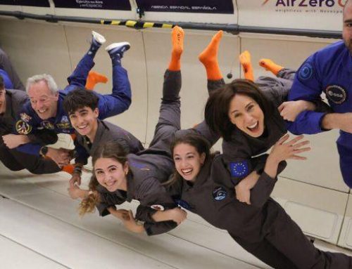 Young participants in ‘Astronaut for a Day’ take part in a parabolic flight under microgravity conditions
