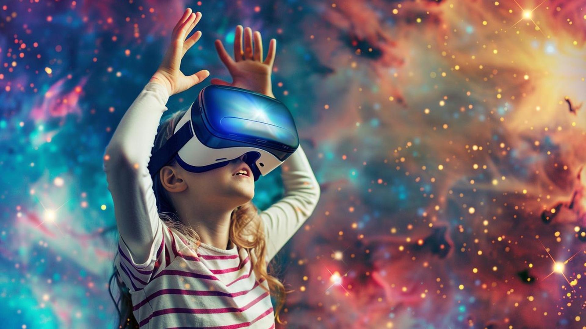 Niña con gafas de realidad virtual en el espacio